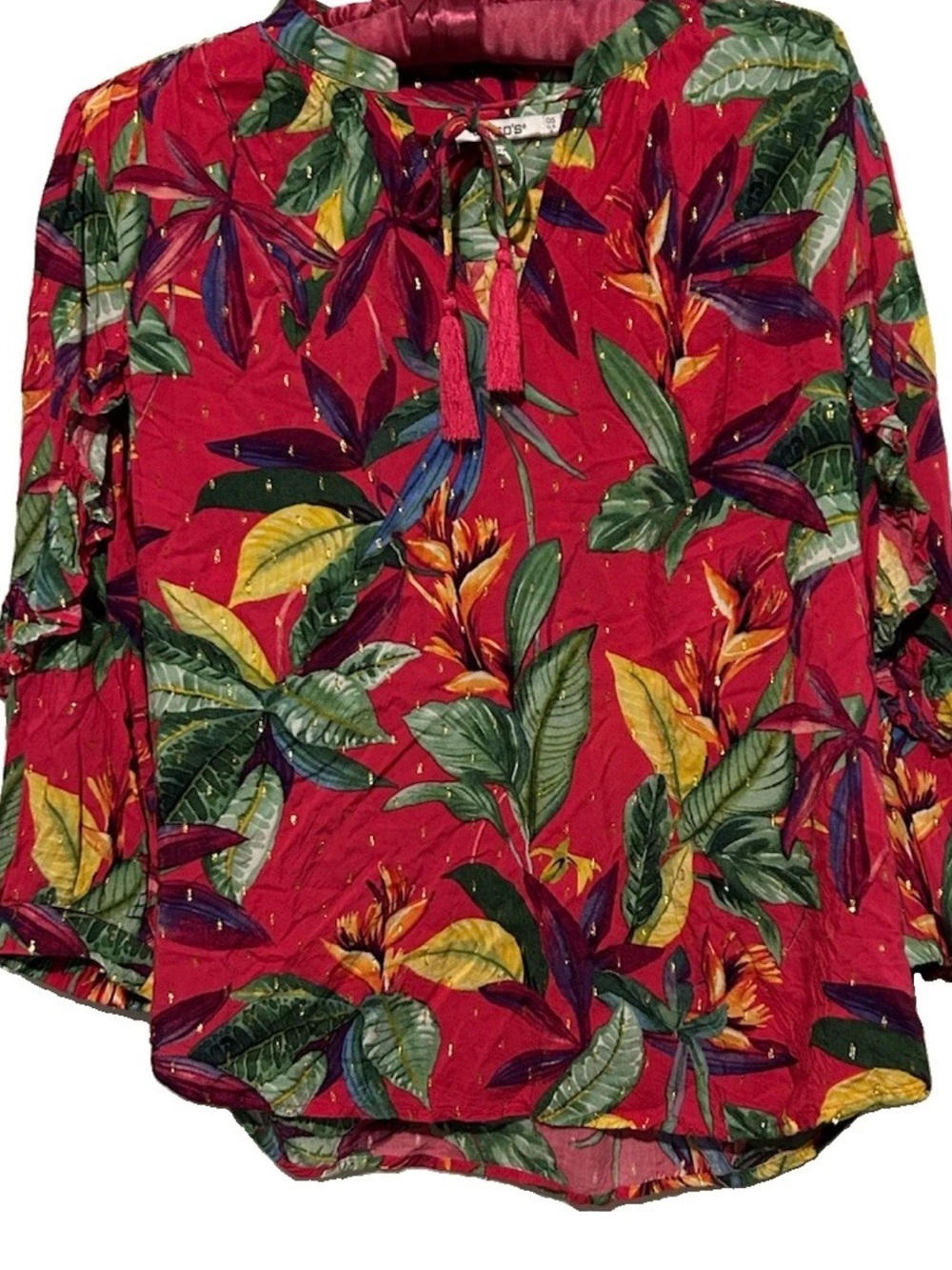 Chico's Top 0.5 Pink Tropical Floral Print Flowy Rayon Tassel Tie Shirt Blouse 6